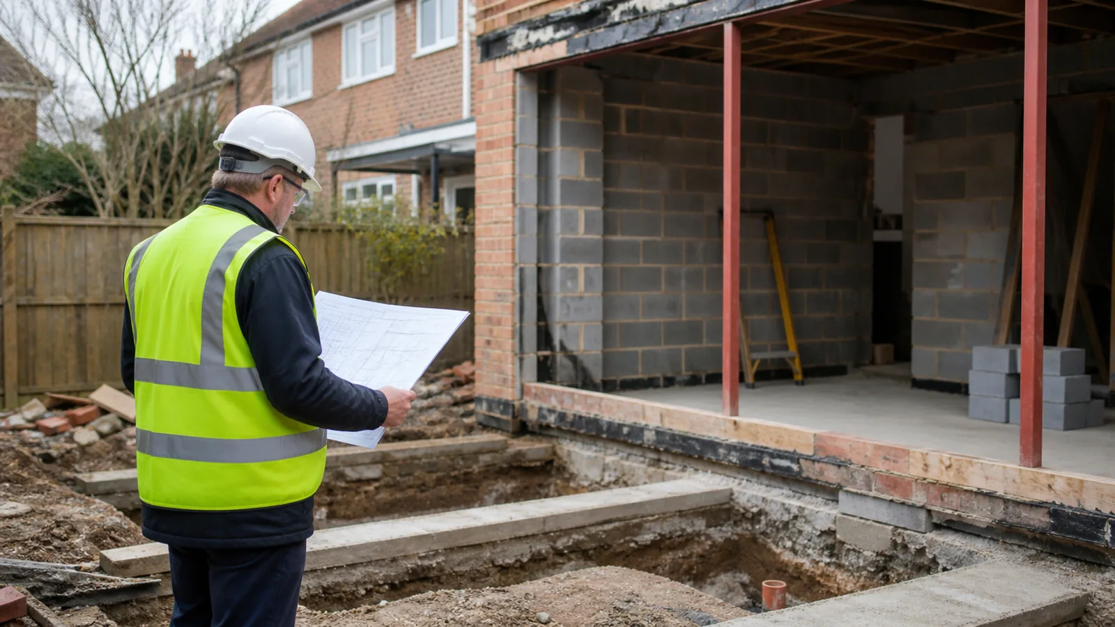 Building inspector reviewing plans at a domestic extension site