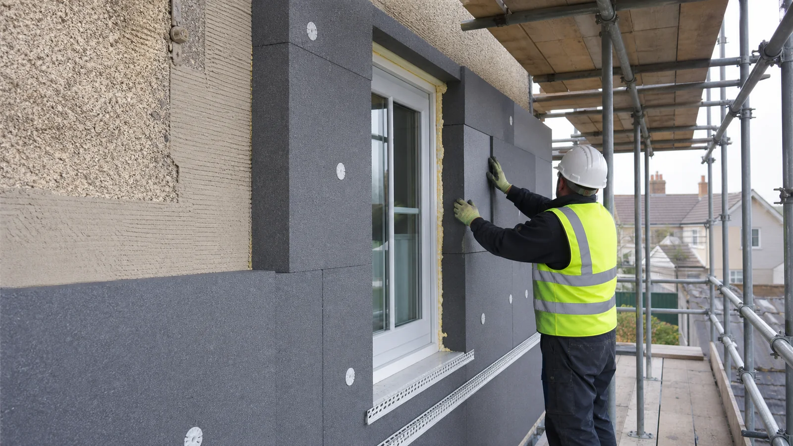 External wall insulation boards being installed around a house window
