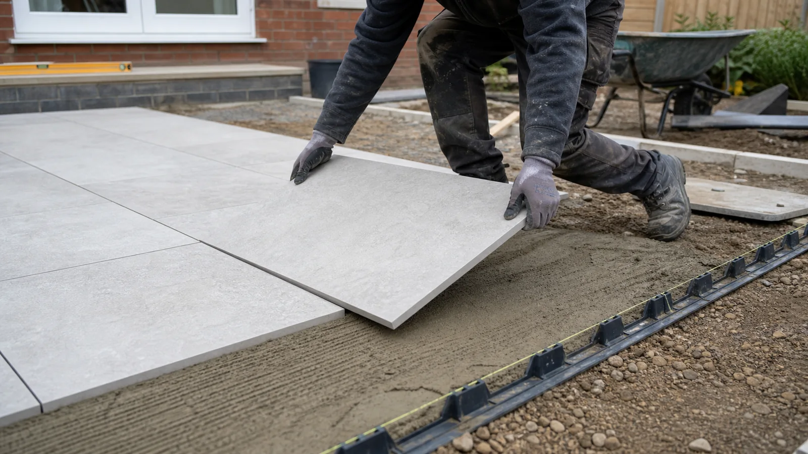 Landscaper placing a porcelain paving slab onto a continuous mortar bed