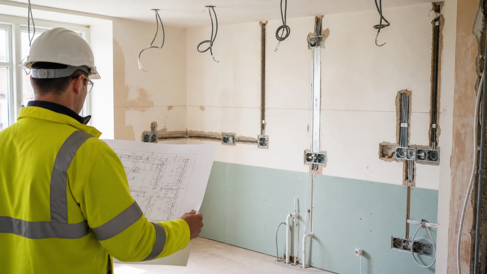 Electrician reviewing plans during the first-fix stage of a kitchen renovation