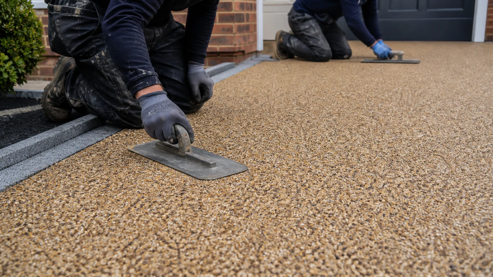 Installers hand-trowelling a resin-bound aggregate driveway surface