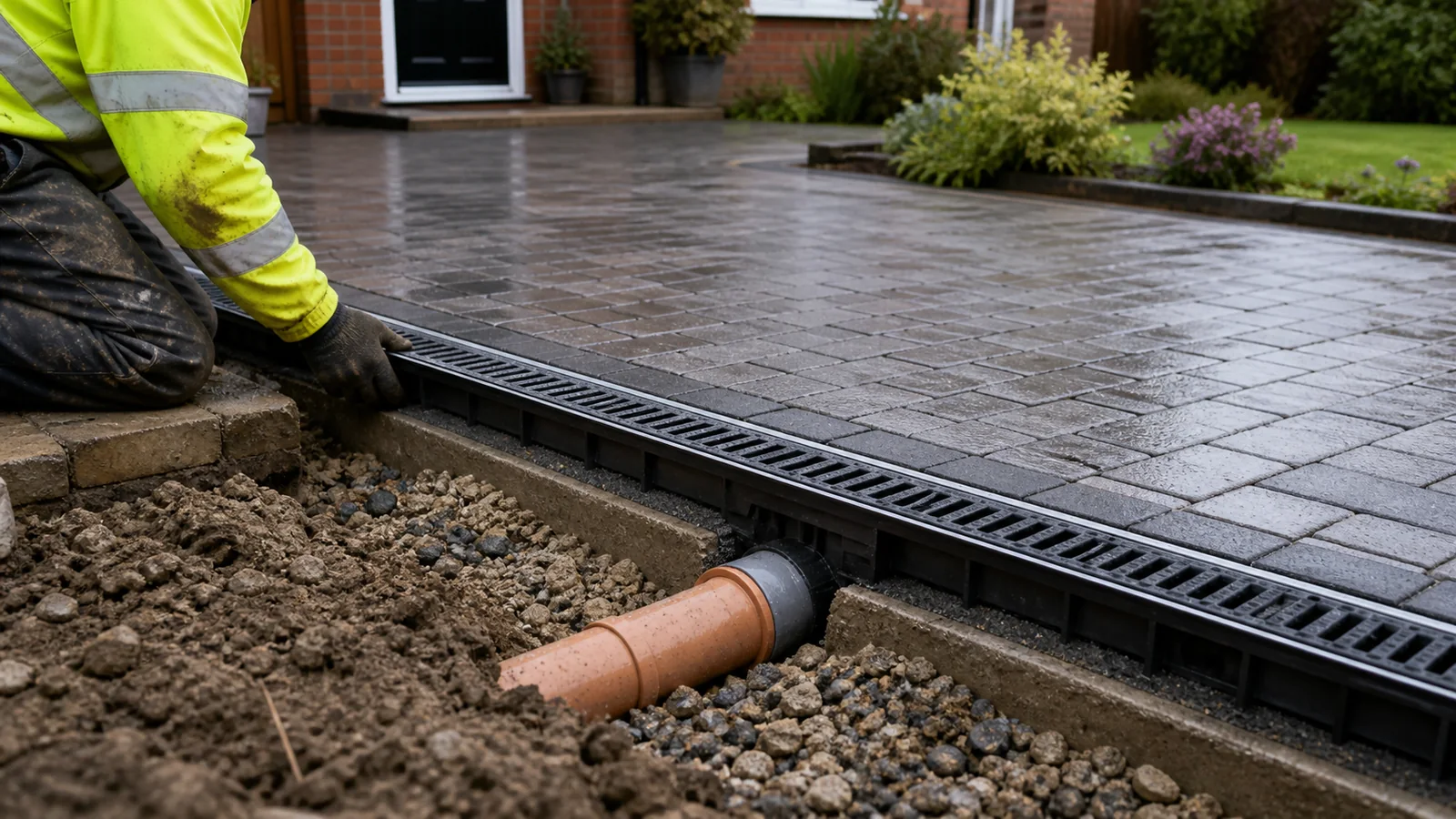 Channel drain and drainage pipe being installed beside a residential driveway