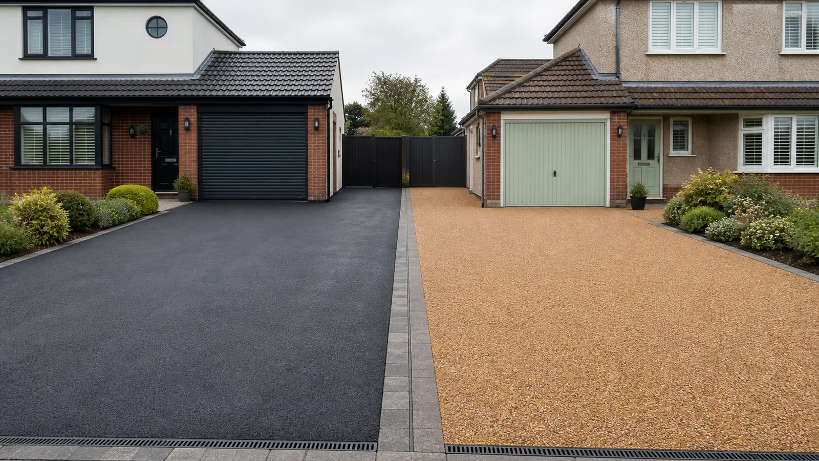 Side-by-side comparison of black tarmac and buff resin-bound driveways